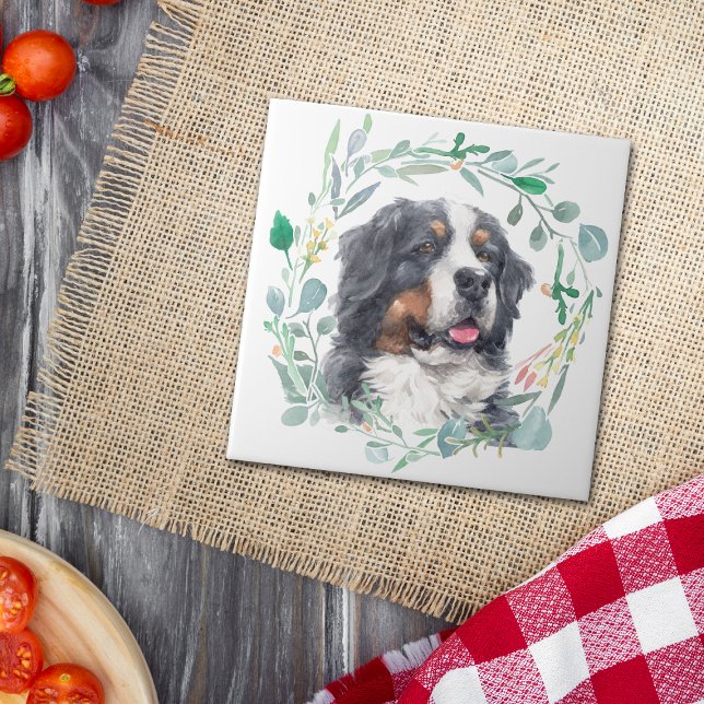 Bernese Mountain Dog Watercolor Wreath Fliese (Von Creator hochgeladen)