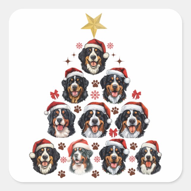 Bernese Mountain Dog Weihnachtsbaum, Xmas Berner Quadratischer Aufkleber (Vorderseite)