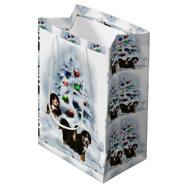 Bernese Mountain Dog Welpen Weihnachten Mittlere Geschenktüte (Vorderseite Schrägansicht)