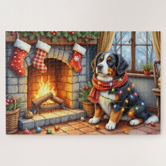 Bernese Mountain Fireplace with Christmas Lights (Horizontal)