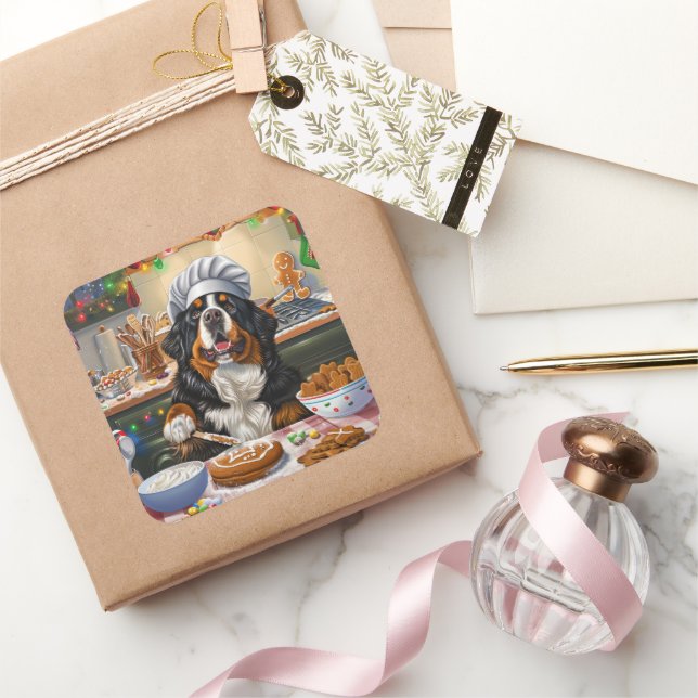 Bernese Mountain Holiday Baking: Feierliche Weihna Quadratischer Aufkleber (Schenken)