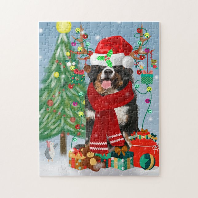 Bernese Mountain Hund im Schnee mit Weihnachtsgesc (Vertikal)