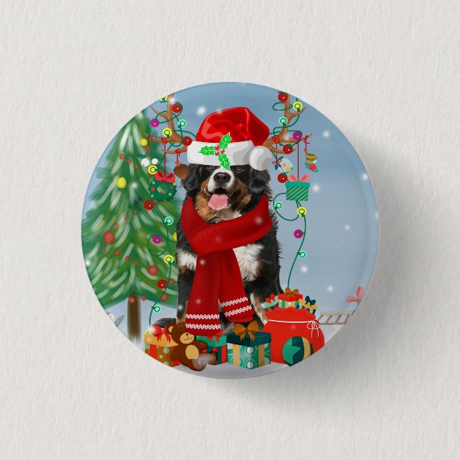 Bernese Mountain Hund im Schnee mit Weihnachtsgesc Button (Vorderseite)
