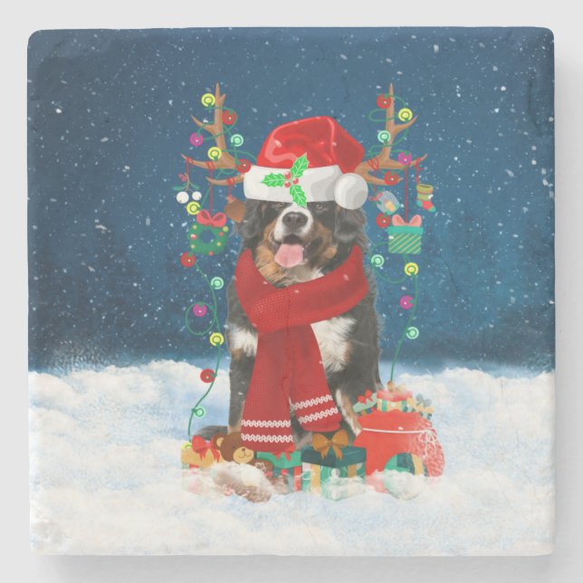 Bernese Mountain Hund im Schnee mit Weihnachtsgesc Steinuntersetzer (Vorderseite)