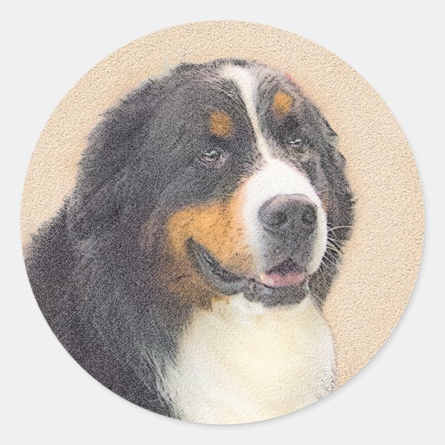 Bernese Mountain Hund Malerei - Original Hunde Kun Runder Aufkleber (Vorderseite)
