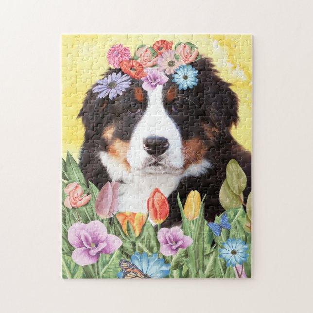 Bernese Mountain Hund mit Blume Frühjahr (Vertikal)