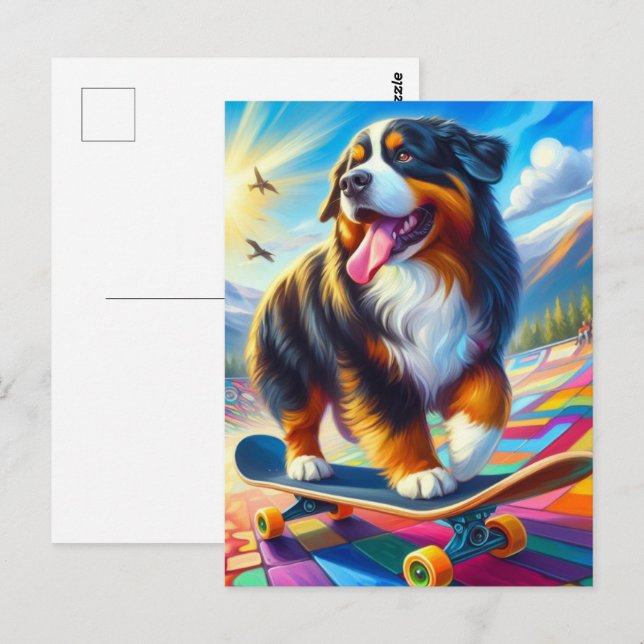 Bernese Mountain Hund Skateboarding Postkarte (Vorne/Hinten)