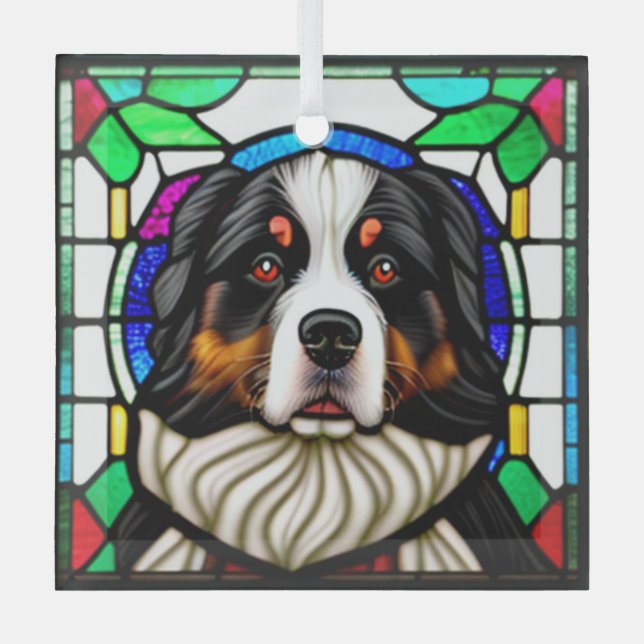 Bernese Mountain Hund "Stains Glass" Ornament Aus Glas (Vorderseite)