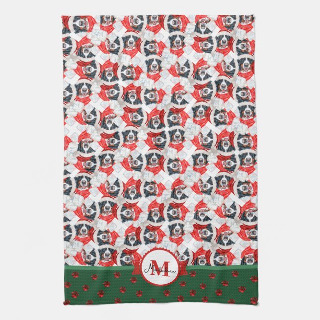 Bernese Mountain Pattern Monogram Christmas Dog Geschirrtuch (Vertikal)