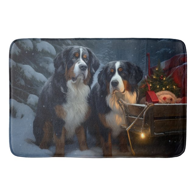 Bernese Mountain Snowy Sleigh Weihnachtsdekor Badematte (Vorderseite)