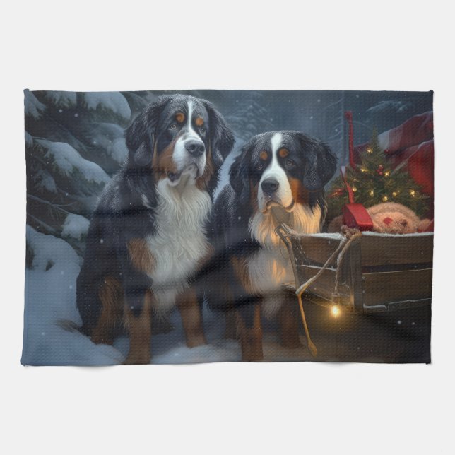 Bernese Mountain Snowy Sleigh Weihnachtsdekor Geschirrtuch (Horizontal)