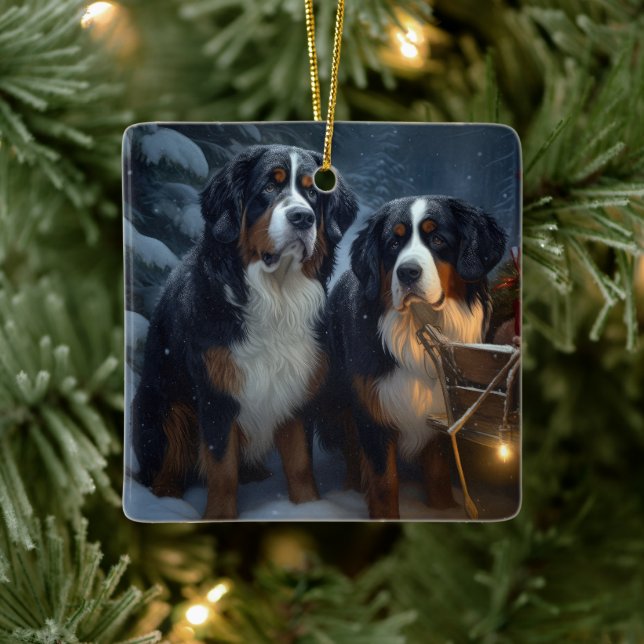 Bernese Mountain Snowy Sleigh Weihnachtsdekor Keramikornament (Baum)