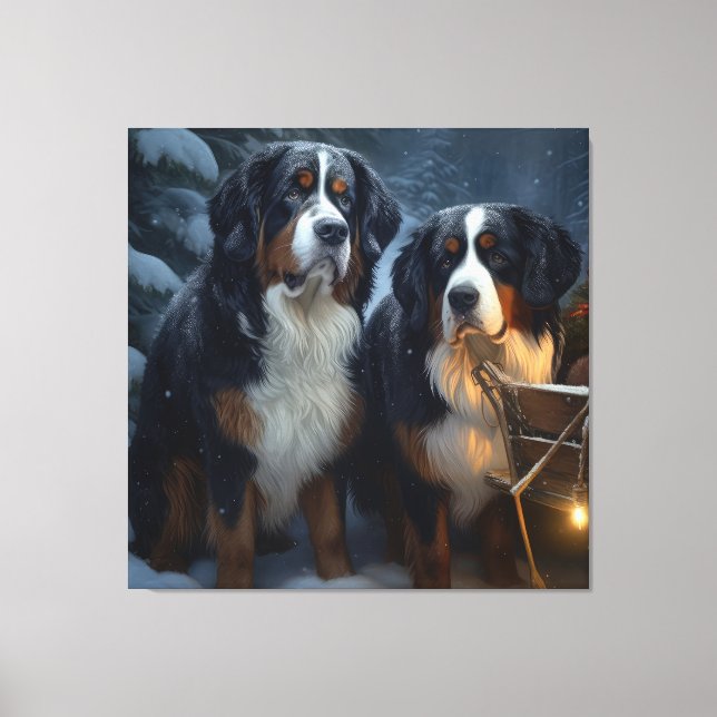 Bernese Mountain Snowy Sleigh Weihnachtsdekor Leinwanddruck (Vorderseite)