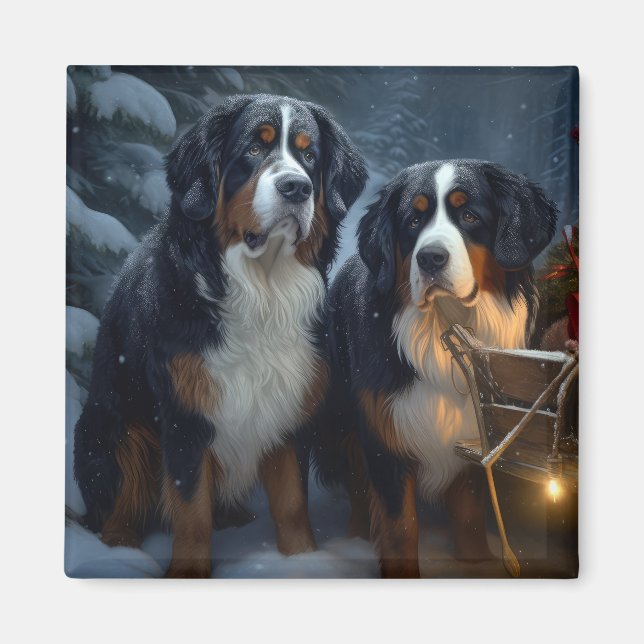 Bernese Mountain Snowy Sleigh Weihnachtsdekor Magnet (Vorne)