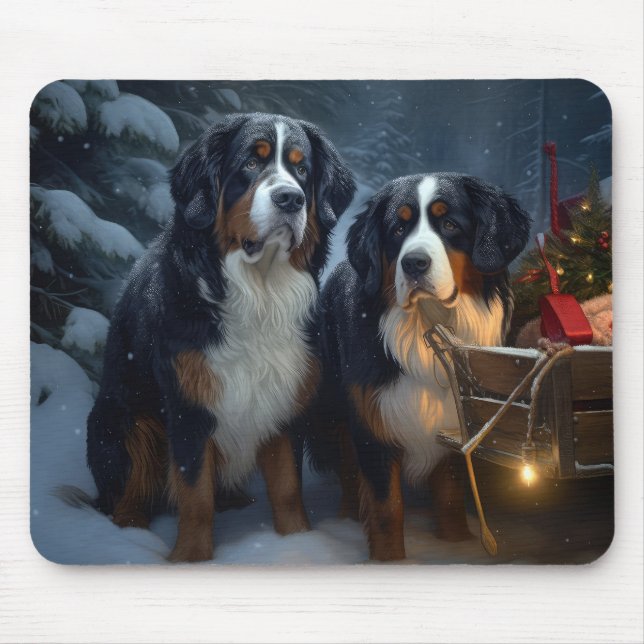 Bernese Mountain Snowy Sleigh Weihnachtsdekor Mousepad (Vorne)