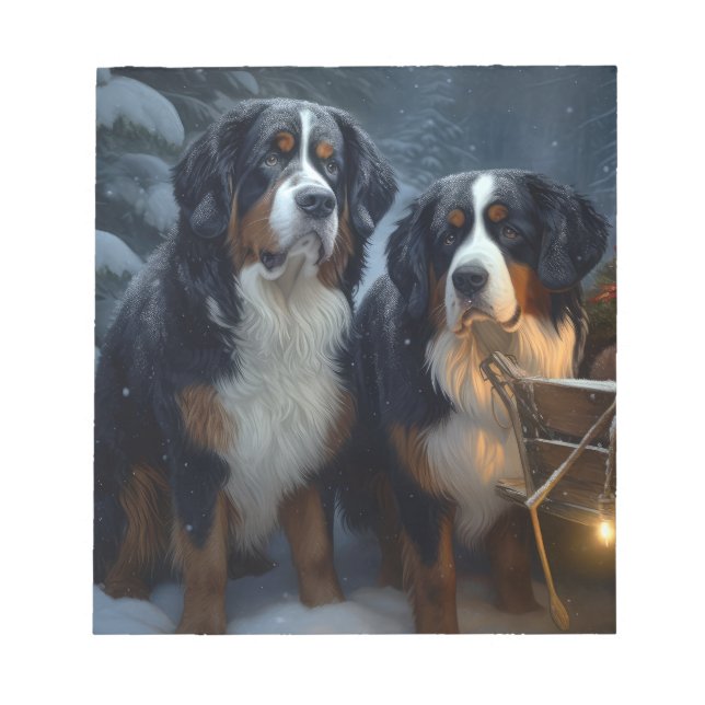 Bernese Mountain Snowy Sleigh Weihnachtsdekor Notizblock (Vorderseite)