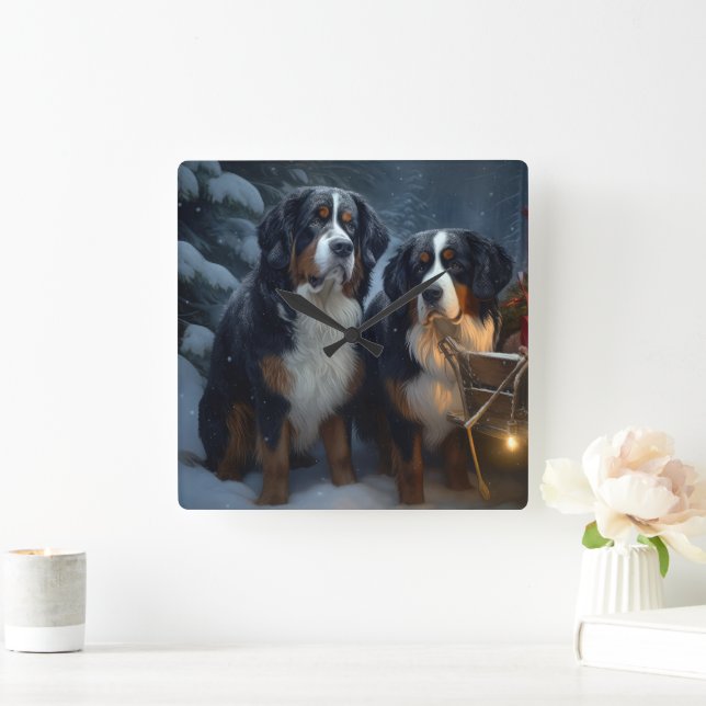 Bernese Mountain Snowy Sleigh Weihnachtsdekor Quadratische Wanduhr (Zuhause)
