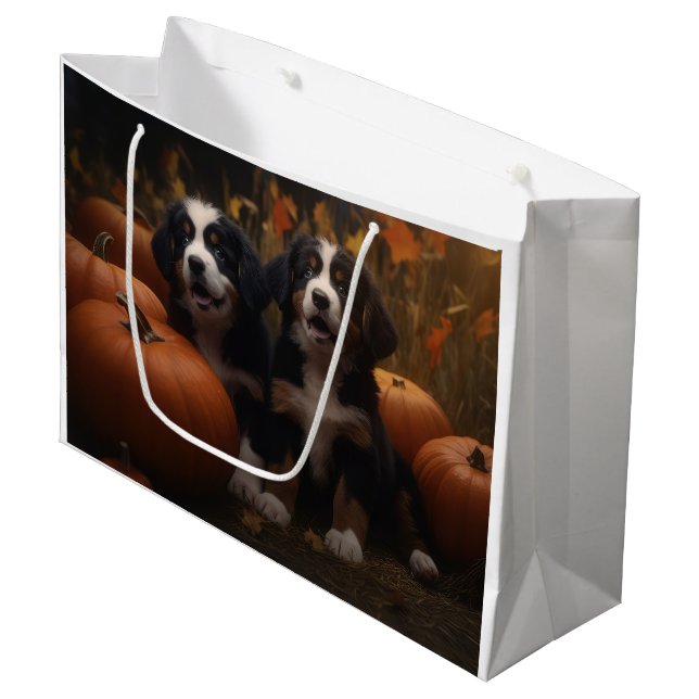 Bernese Mountain Welpe Herbst Kürbiskugel Große Geschenktüte (Vorderseite Schrägansicht)