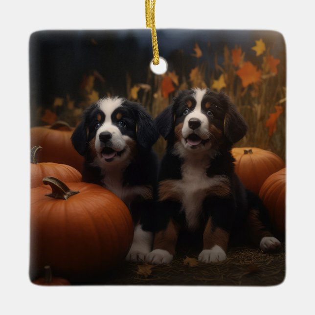 Bernese Mountain Welpe Herbst Kürbiskugel Keramikornament (Vorderseite)
