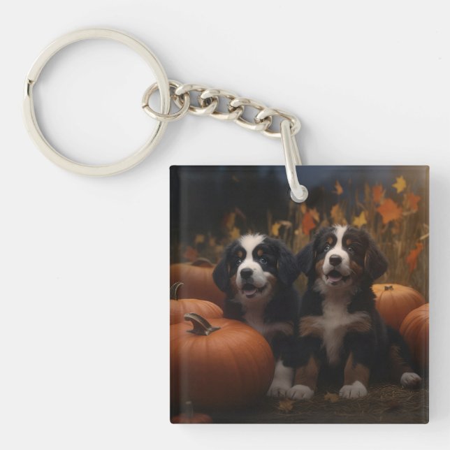 Bernese Mountain Welpe Herbst Kürbiskugel Schlüsselanhänger (Vorderseite)