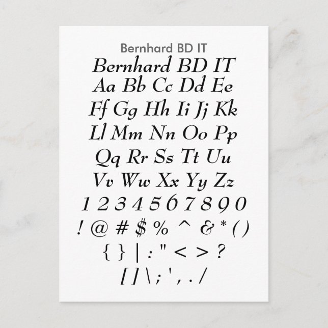 Bernhard BD IT - Zazzle Schriftart Sampler Sheet Postkarte (Vorderseite)