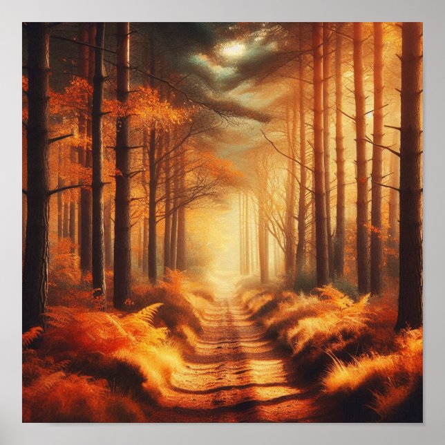 Bernstein-Waldweg mit Sonnenstrahlen – Herbstposte Poster (Vorne)