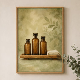 Bernsteinflaschen auf Teak-Holzwasserfarben-Farmho Poster