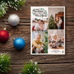 Berries 4 Fotos Frohe Weihnachten Glück Neues Jahr<br><div class="desc">Traditionelle Weihnachtskarte mit Frohen Weihnachten und einem glücklichen Neujahr mit vier Fotos Ihrer Familie und Grün und roten Beeren.</div>