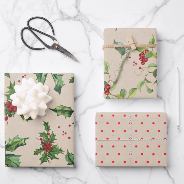 Berries, Holly, Foliage und Kraftpunkte Geschenkpapier Set (Vorderseite)