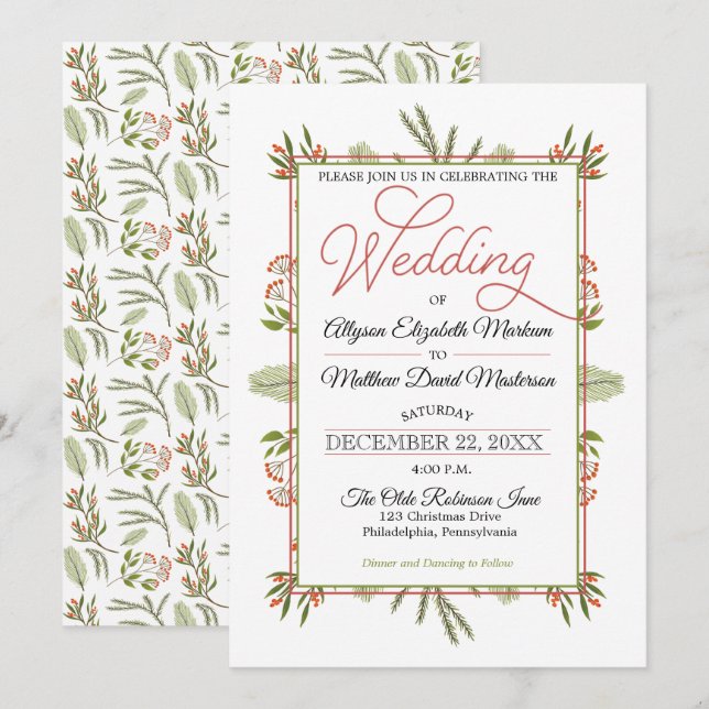 Berries und Winter Pine Greenery Holiday Wedding Einladung (Vorne/Hinten)