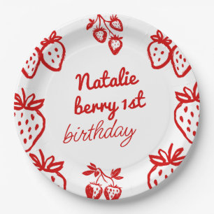 Berry 1. Hand Drawn Strawberry Girl Fun Geburtstag Pappteller