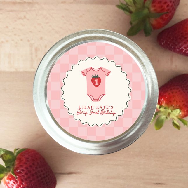 Berry 1st Birthday Strawberry Shirt Checkerboard Runder Aufkleber (Von Creator hochgeladen)