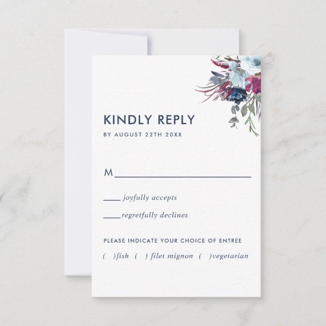Berry and Blue Floral w/without Meal Options UAWG RSVP Karte (Vorderseite)