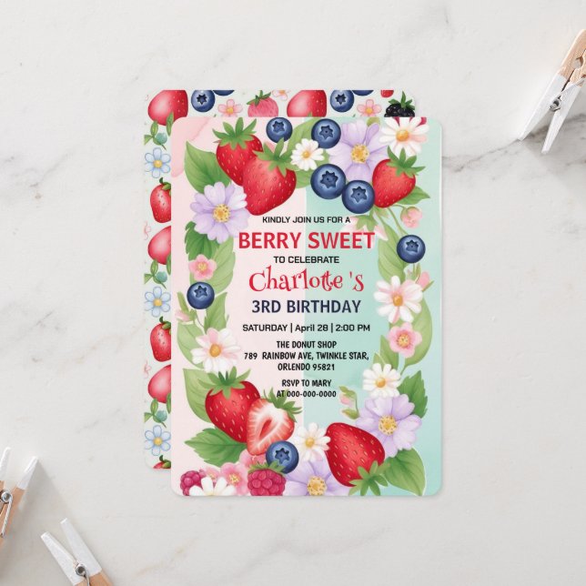 Berry Birthday Strawberry Blume Girl Party Einladung (Vorderseite/Rückseite Beispiel)