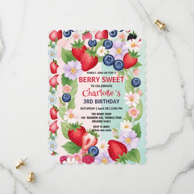 Berry Birthday Strawberry Blume Girl Party Save The Date (Vorderseite/Rückseite Beispiel)