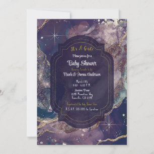 Berry Blau Watercolor Gold Celestial Babyparty Einladung