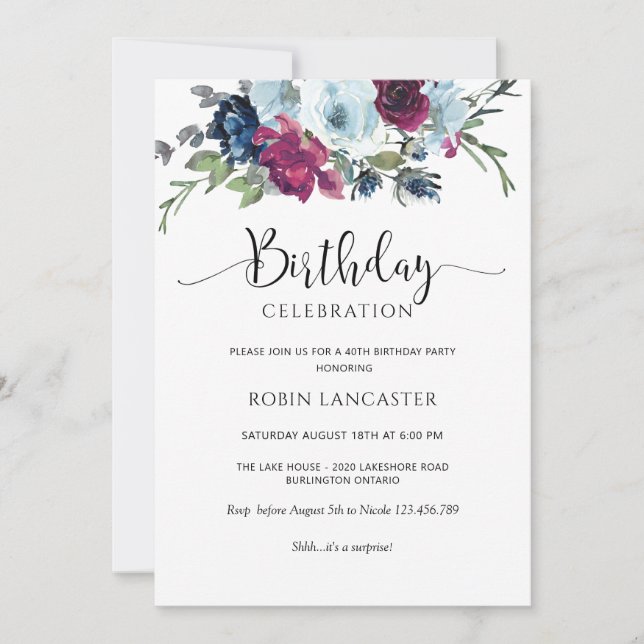Berry, Blue, Bourgogne Floral Invitation d'anniver (Devant)
