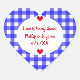 Berry Blue Gingham Gastgeschenk Hochzeit Jelly Jar Herz-Aufkleber