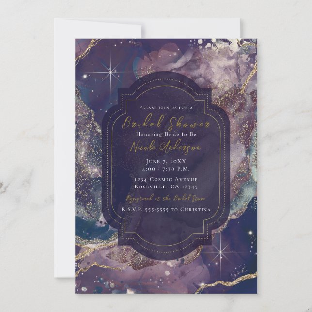 Berry Blue Watercolor Gold Celestial Brautparty Einladung (Vorderseite)