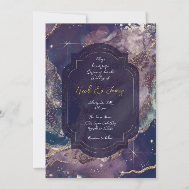 Berry Blue Watercolor Gold Celestial Wedding Einladung (Vorderseite)