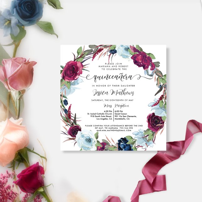 Berry, Burgund, Rot, Blauer Wreath Quinceañera Einladung (Von Creator hochgeladen)