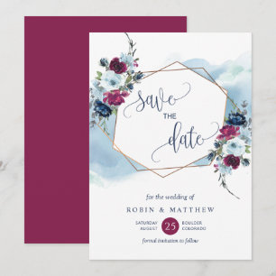 Berry, Burgund und Blauer Floral, Elegante Hochzei Save The Date