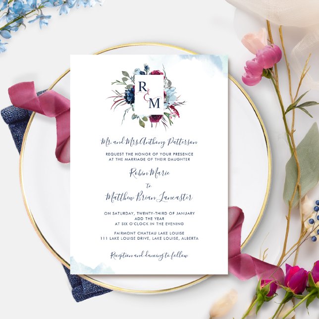Berry, Burgund und Blue Floral Monogram Wedding Einladung (Von Creator hochgeladen)