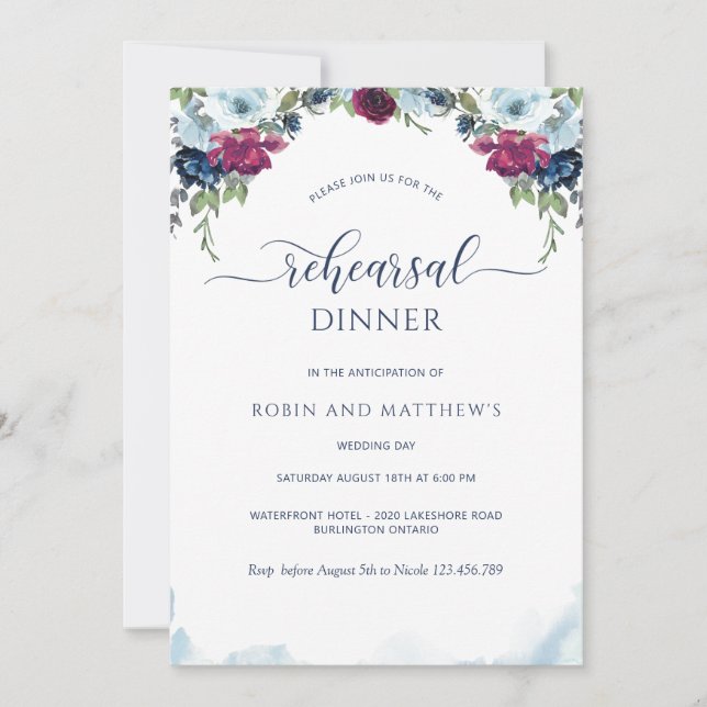 Berry, Burgund und Blue Floral Probe Dinner Einladung (Vorderseite)