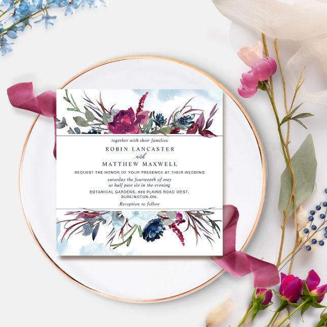 Berry Burgundy und Blue Floral Square Wedding Inv Einladung (Von Creator hochgeladen)
