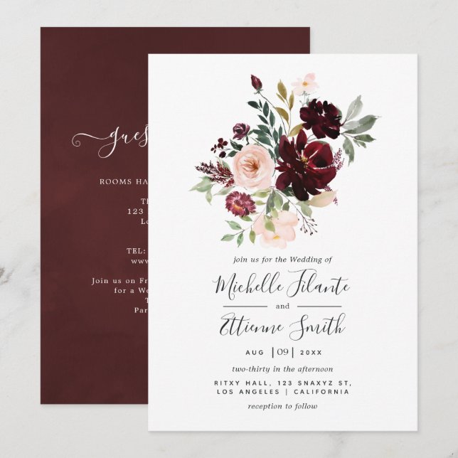 Berry de Bourgogne et Faire-part de mariage floral (Devant / Derrière)