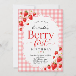 Berry Erste Erdbeer Gingham Mädchen Geburtstag Einladung