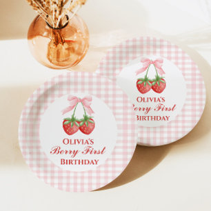Berry Erster Erdbeergeburtstag Pink Bow Gingham Pappteller