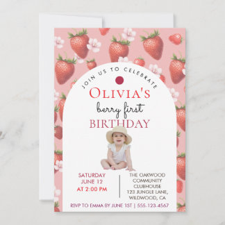 Berry Erster Geburtstag Erdbeermädchen Foto Einladung
