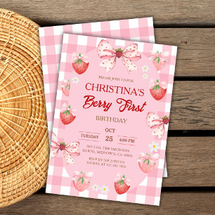 Berry erster Geburtstag rosa Erdbeere Gingham Mädc Einladung